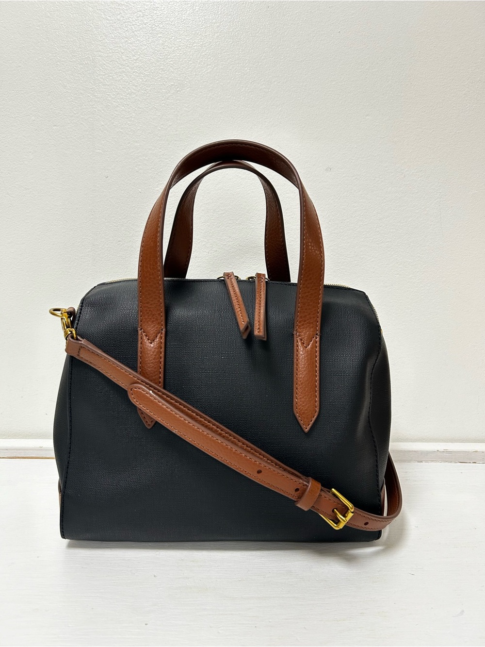 Fossil Sydney Satchel Crossbody Shoulder Bag Black PVC Leather Trim